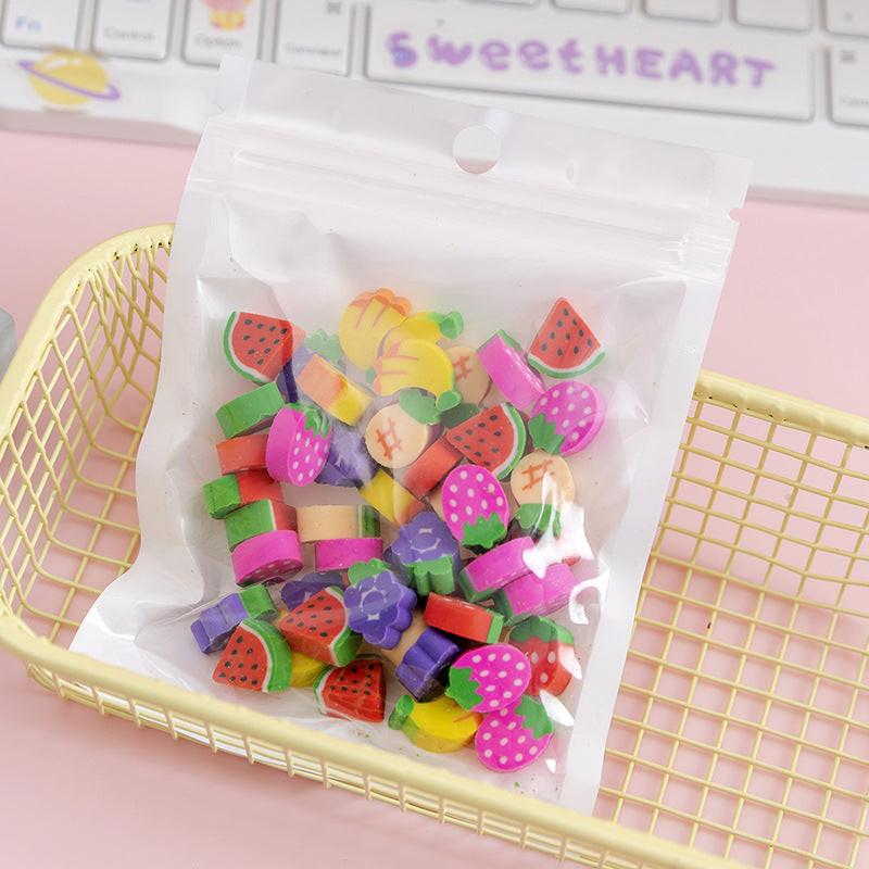 50 PCs Pearlescent Film Bags Cartoon Fruit Mini Eraser.