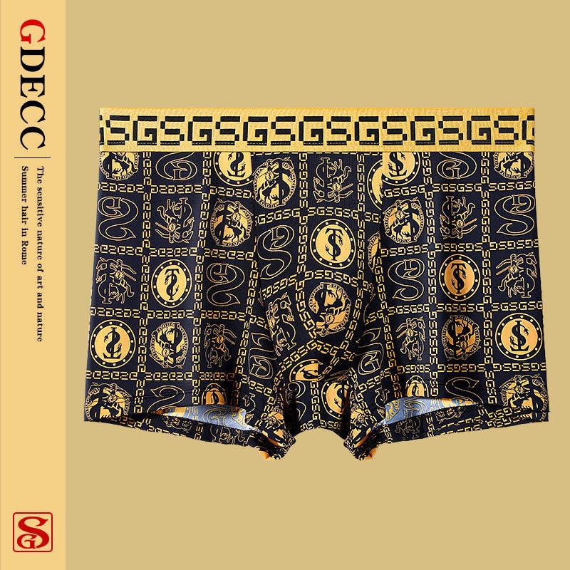 Summer Thin Men's Underwear Ice Silk Breathable Retro Printed Antibacterial Shorts.