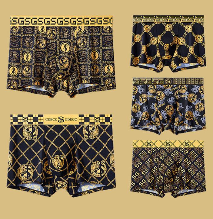 Summer Thin Men's Underwear Ice Silk Breathable Retro Printed Antibacterial Shorts.