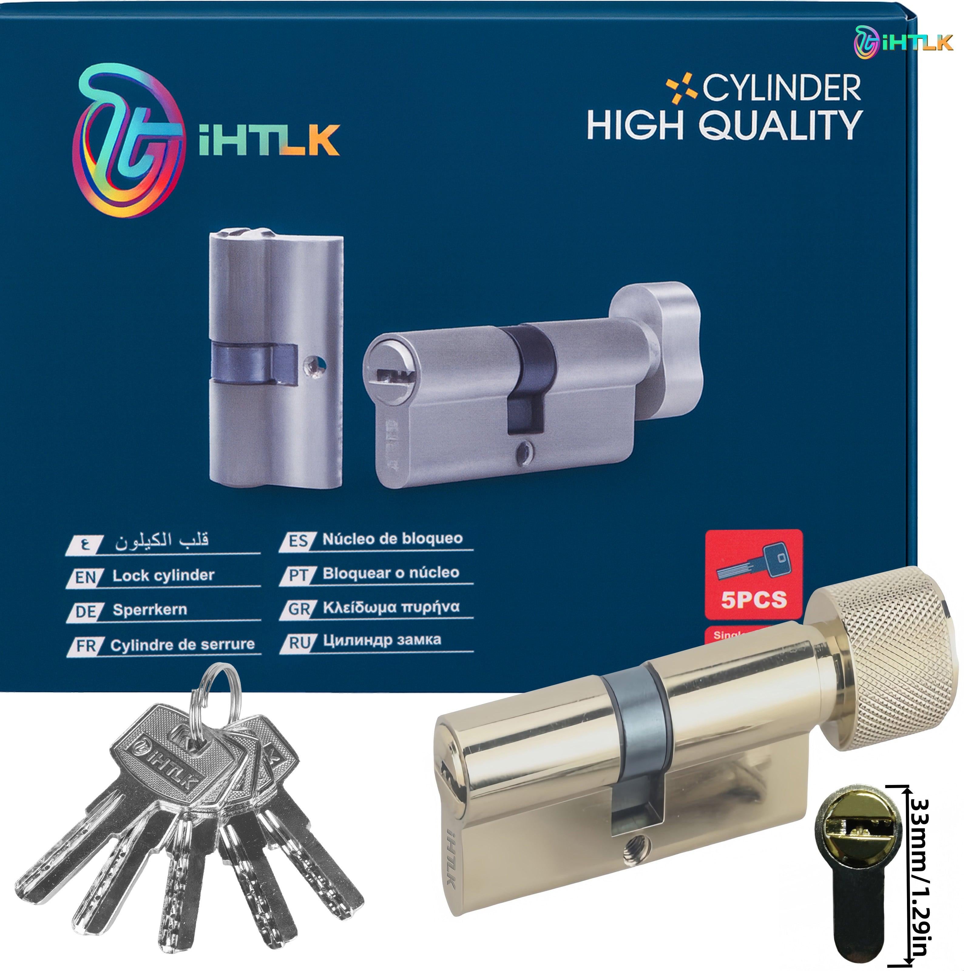 1 Piece Of European Standard Size, 70mm Length Knob Lock Cylinder, Lock Cylinder With 5 Keys, Suitable For Anti-Theft Doors, Office Doors, Stainless Steel Doors, Indoor Doors.