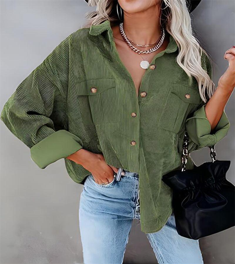 Autumn And Winter New Solid Color Button Corduroy Long Sleeve Loose Coat Women's Clothing.