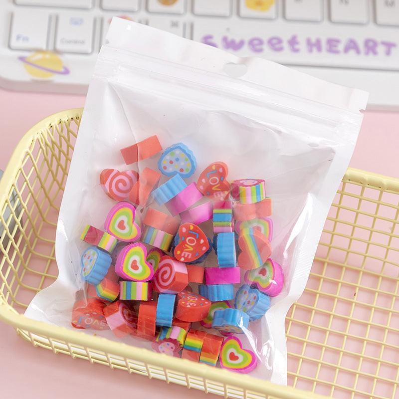 50 PCs Pearlescent Film Bags Cartoon Fruit Mini Eraser.