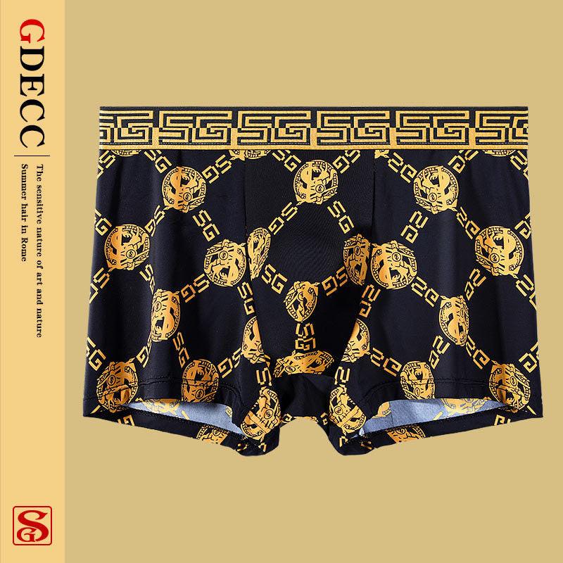 Summer Thin Men's Underwear Ice Silk Breathable Retro Printed Antibacterial Shorts.