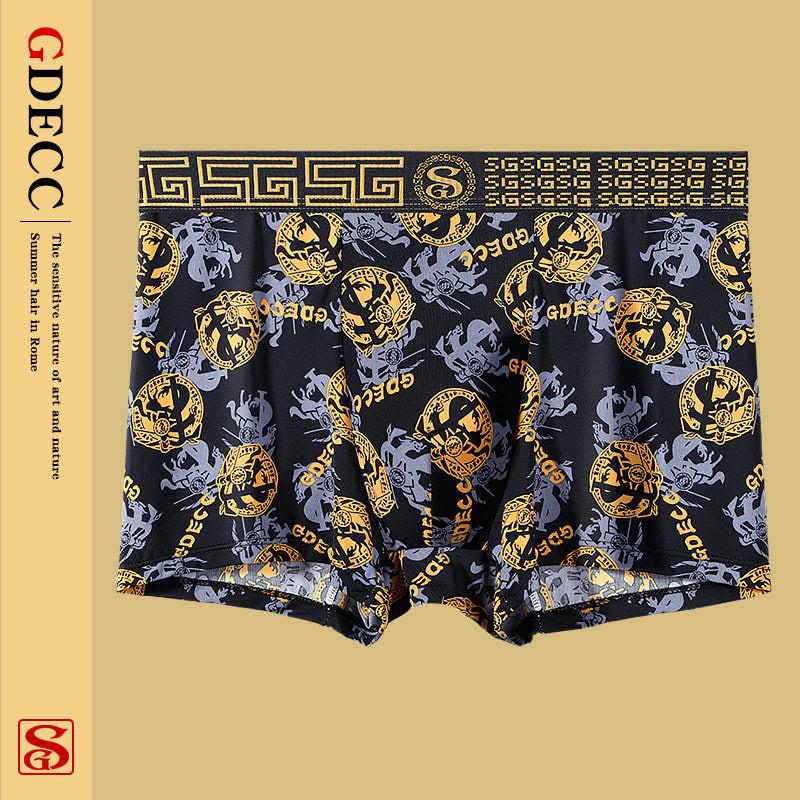 Summer Thin Men's Underwear Ice Silk Breathable Retro Printed Antibacterial Shorts.